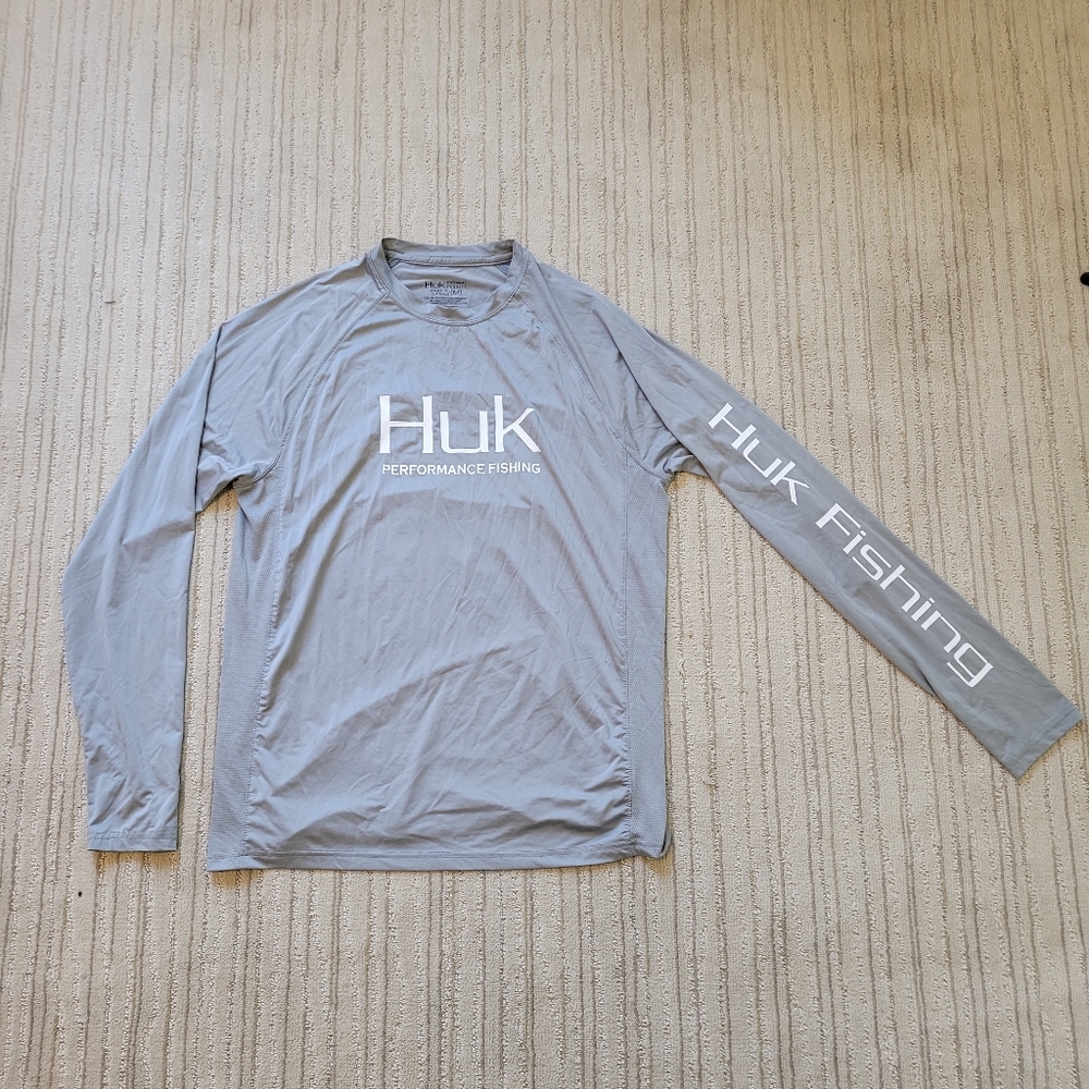 Huk fishing men's gray long sleeve spellout shirt size medium
